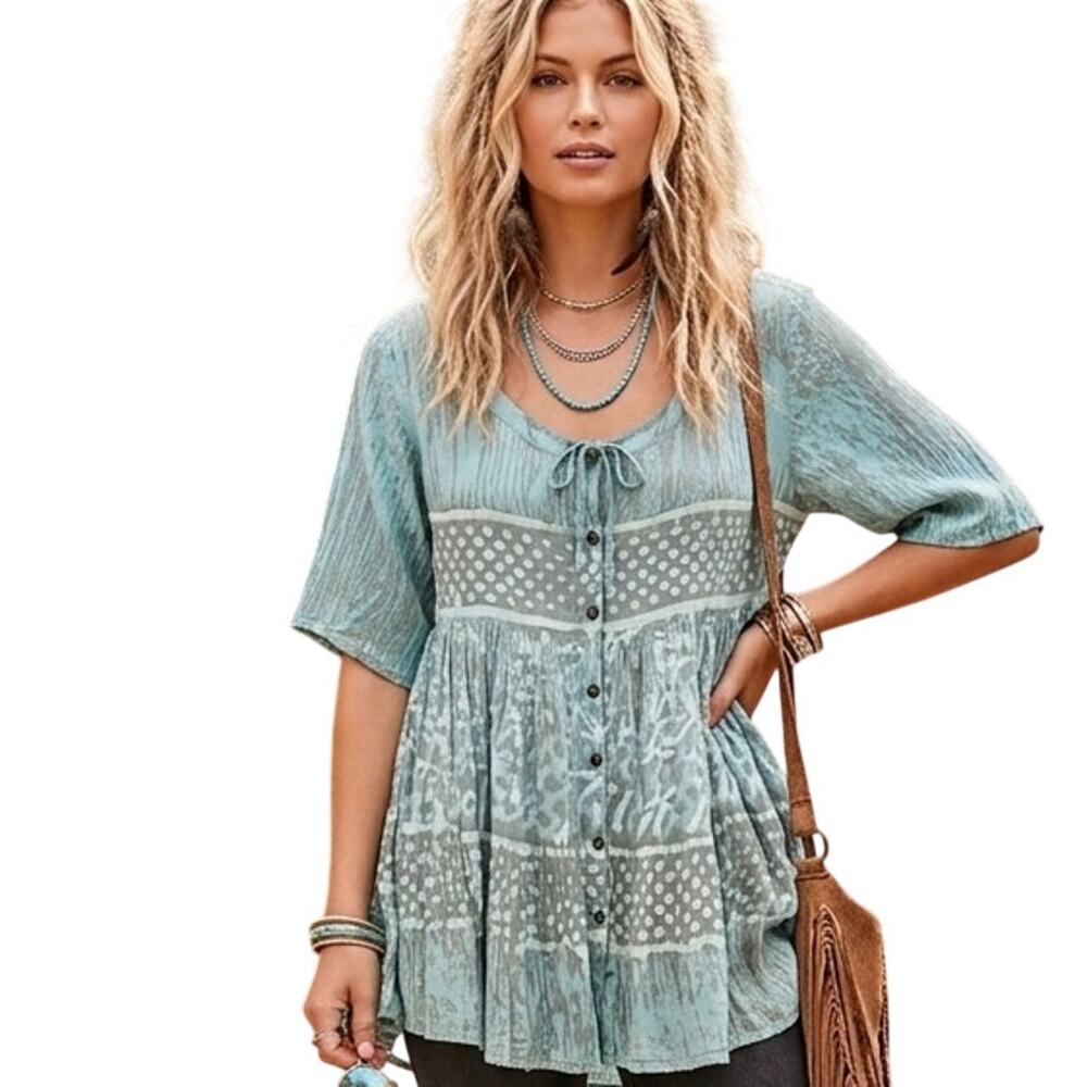 Sacred Threads Boho Swing Tunic Womens One Size Blue Mixed Print Top